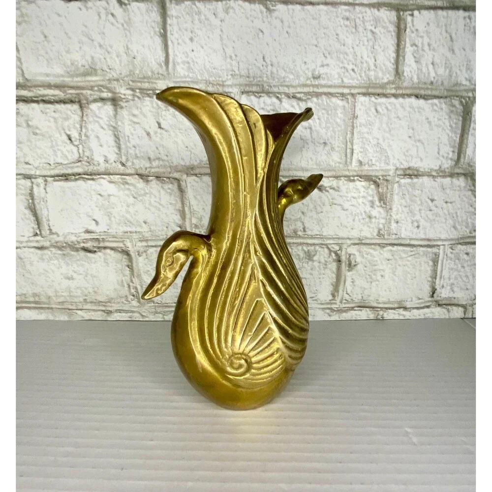 Midcentury Brass Double Swan Vase Planter Art Deco Hollywood Regency...7.5